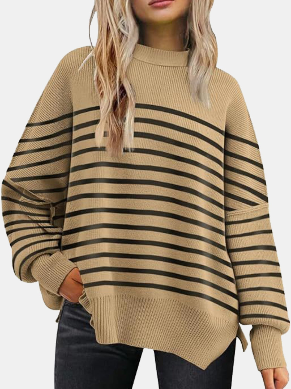 Round Neck Drop Shoulder Slit Sweater - The Boutie Shop