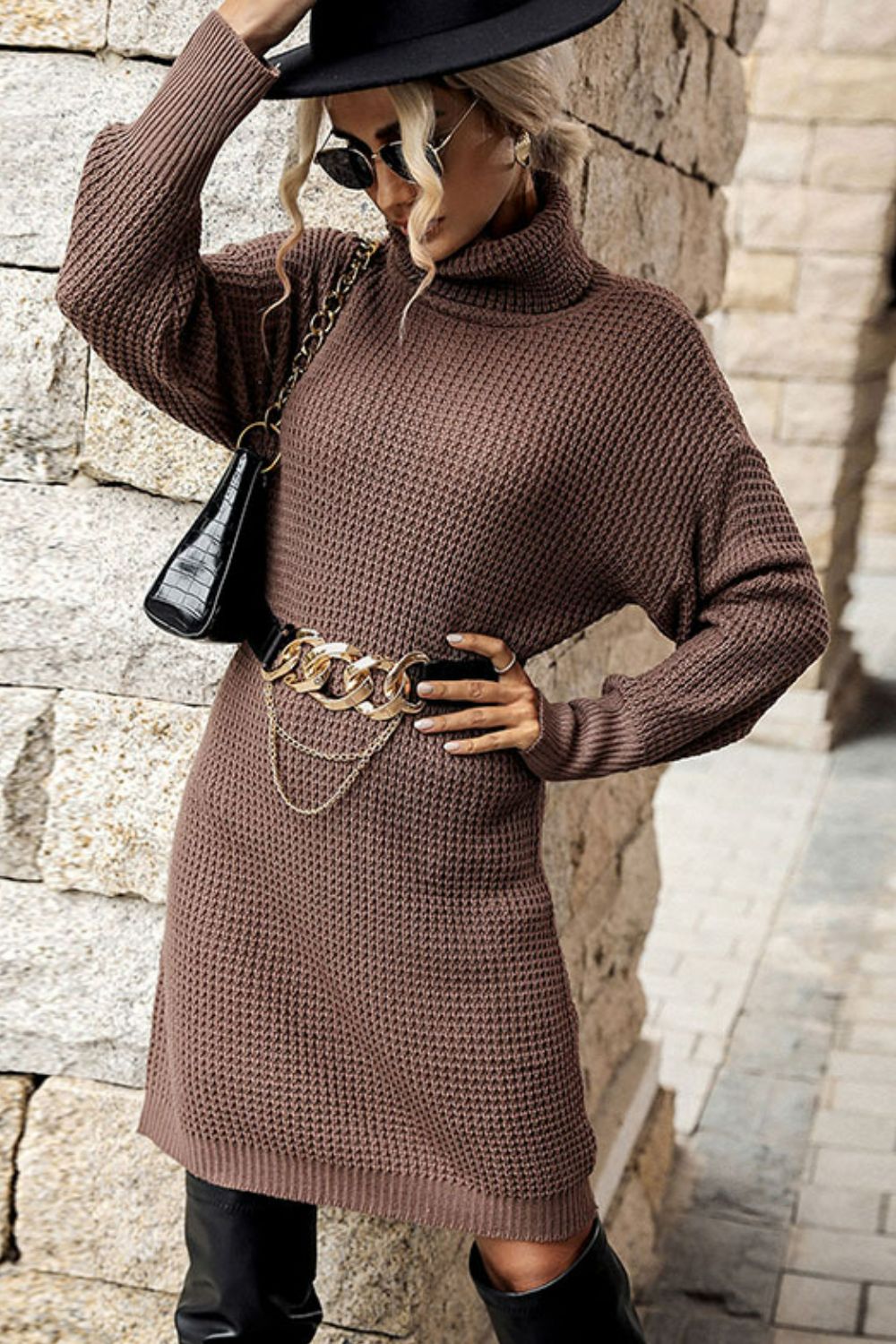 Perfee Turtleneck Dropped Shoulder Mini Sweater Dress - The Boutie Shop