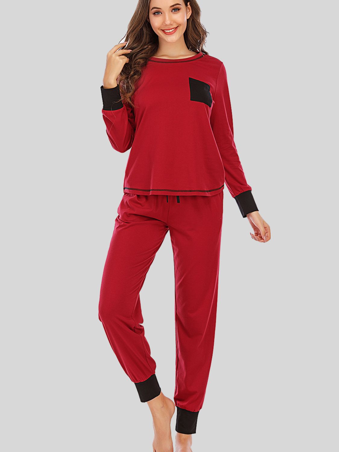 Round Neck Top and Pants Lounge Set - The Boutie Shop