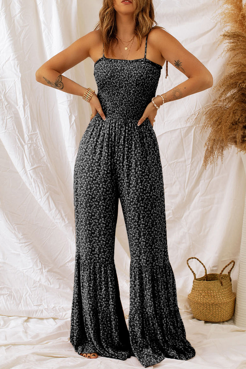 Floral Spaghetti Strap Wide Leg Jumpsuit - The Boutie Shop