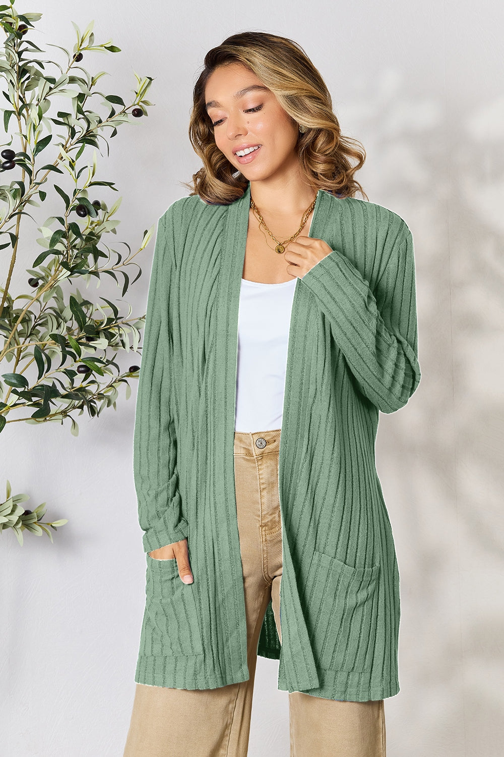 Basic Bae Full Size Ribbed Open Front Cardigan with Pockets - The Boutie Shop