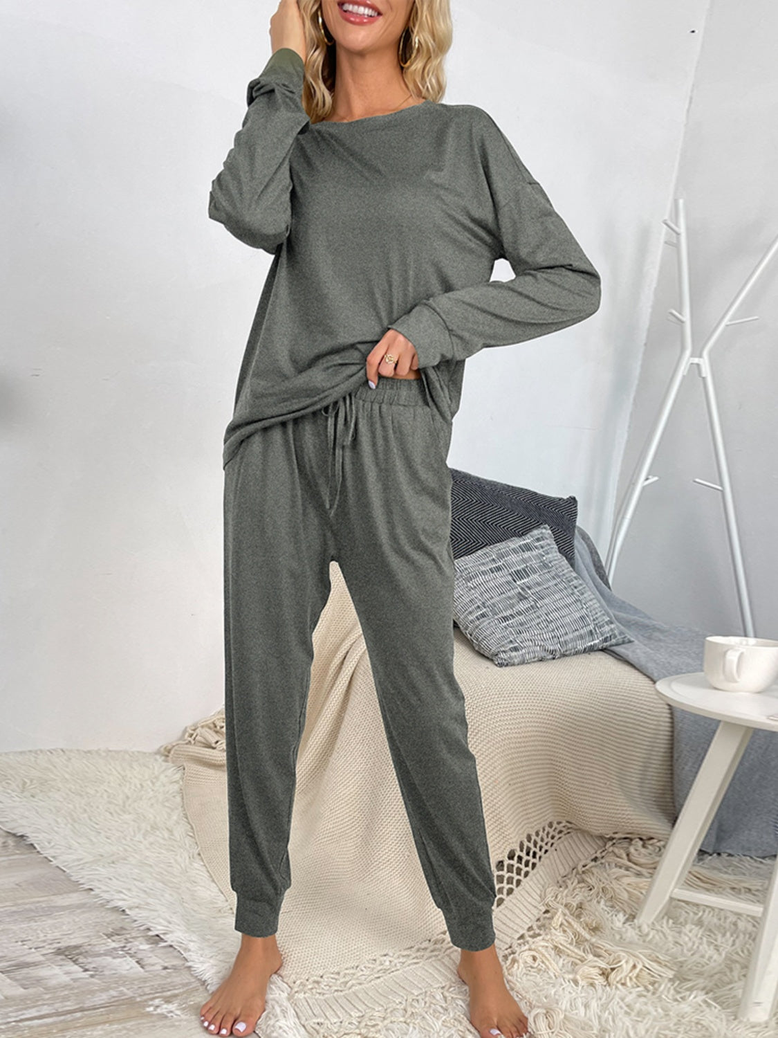 Shiny Round Neck Top and Drawstring Pants Lounge Set - The Boutie Shop