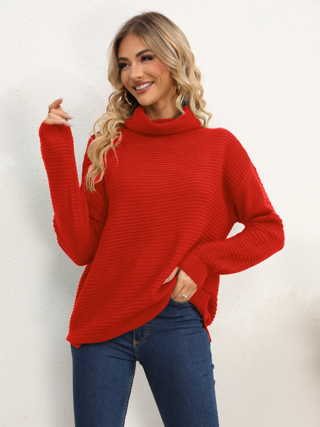 Slit Turtleneck Dropped Shoulder Sweater - The Boutie Shop