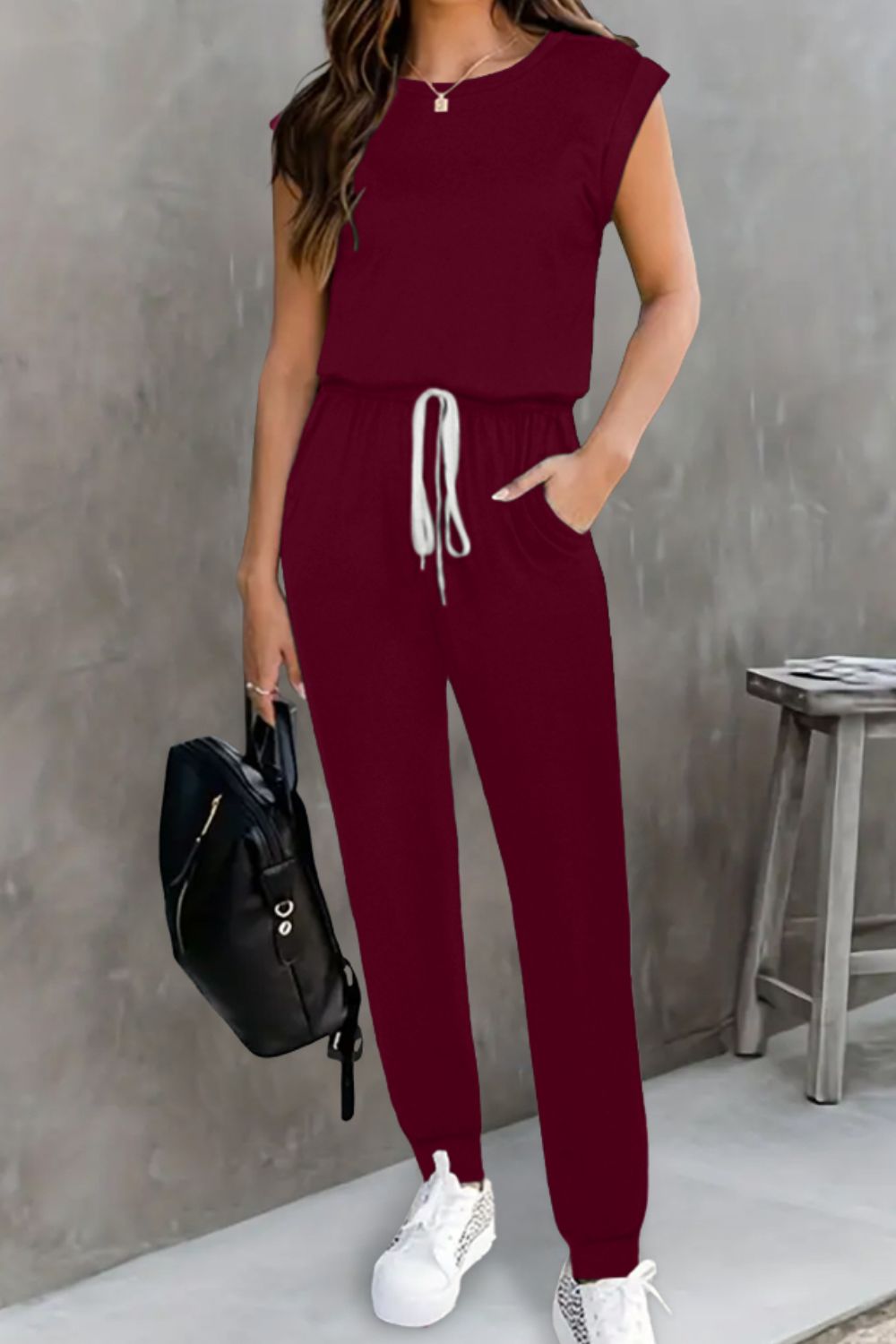 Drawstring Round Neck Sleeveless Jumpsuit - The Boutie Shop