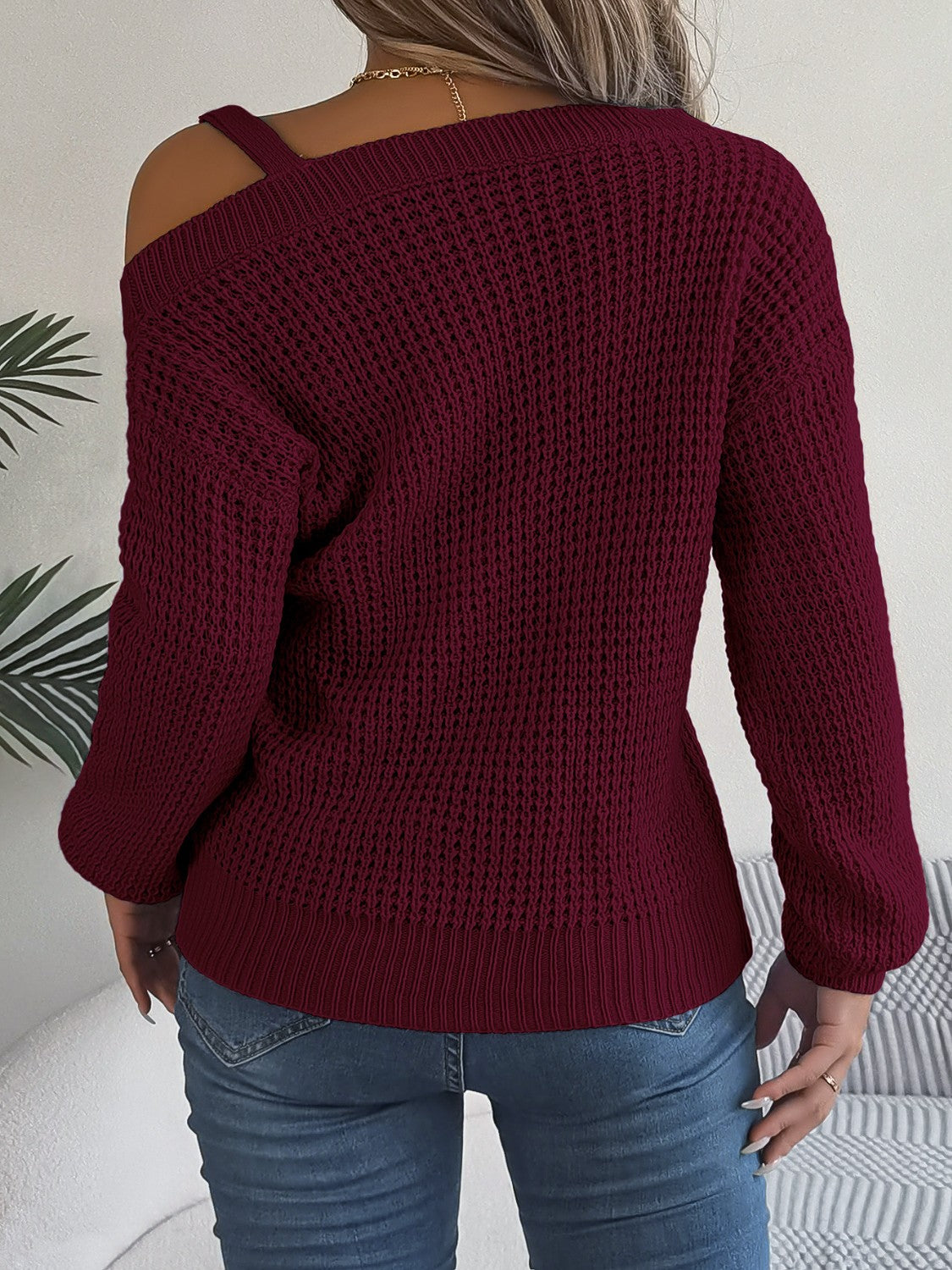 Asymmetrical Neck Long Sleeve Sweater - The Boutie Shop