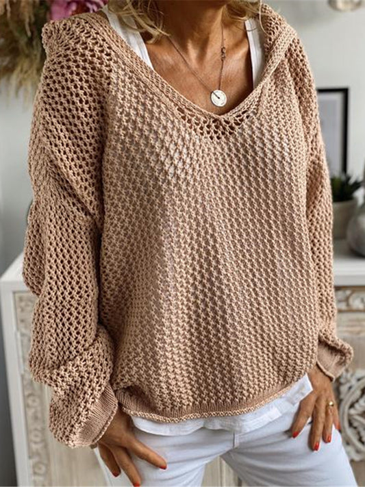 Openwork Hooded Long Sleeve Sweater - The Boutie Shop