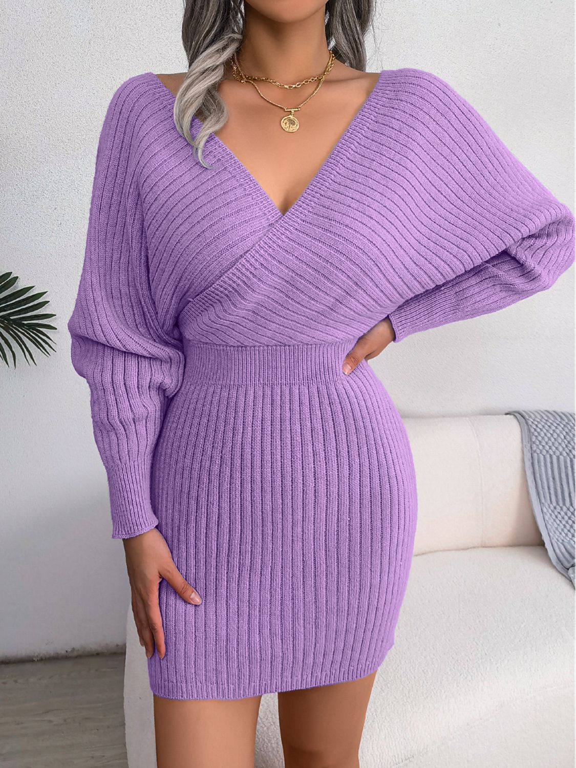 Rib-Knit Dolman Sleeve Sweater Dress - The Boutie Shop