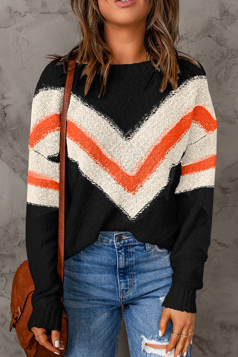 Contrast Round Neck Dropped Shoulder Sweater - The Boutie Shop