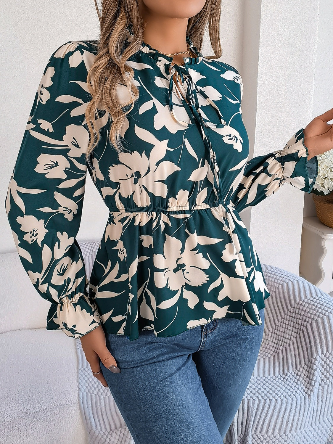 Printed Tie Neck Flounce Sleeve Blouse - The Boutie Shop