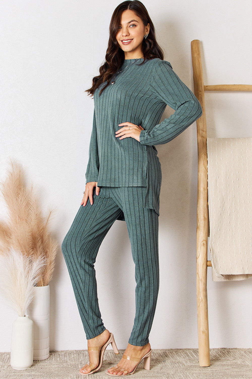 Basic Bae Full Size Ribbed Round Neck High-Low Slit Top and Pants Set - The Boutie Shop