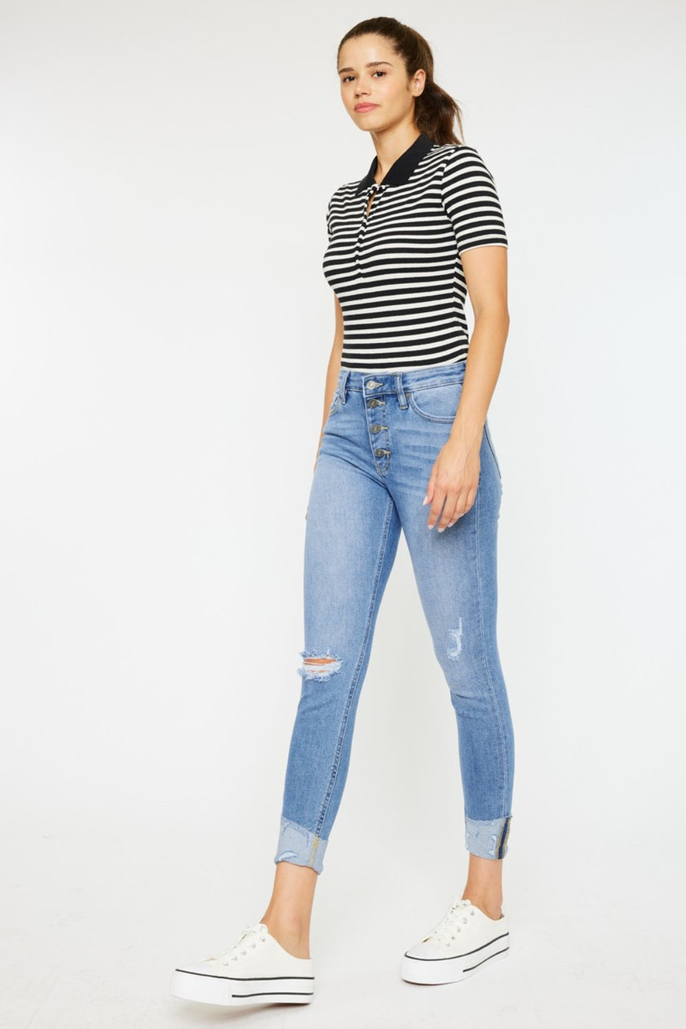 Kancan Distressed Cat's Whiskers Button Fly Jeans - The Boutie Shop