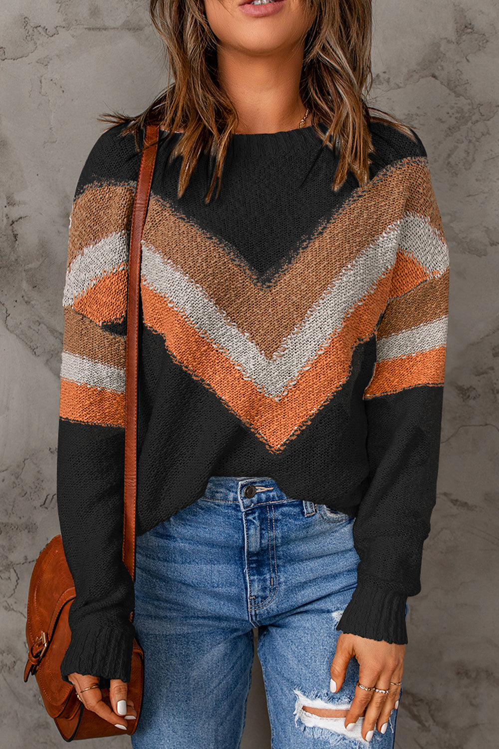 Contrast Round Neck Dropped Shoulder Sweater - The Boutie Shop