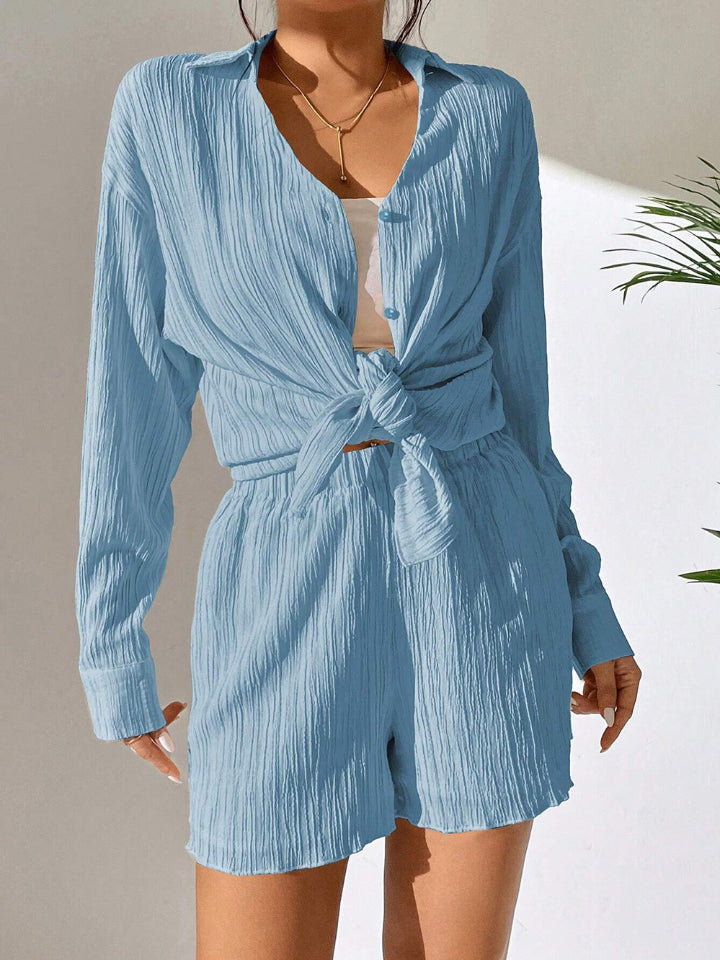 Textured Buttoned Shirt and Shorts Set - The Boutie Shop