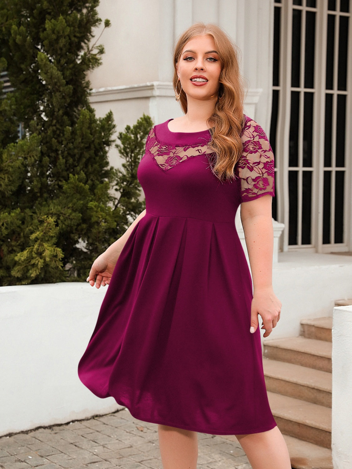 Plus Size Ruched Round Neck Short Sleeve Dress - The Boutie Shop