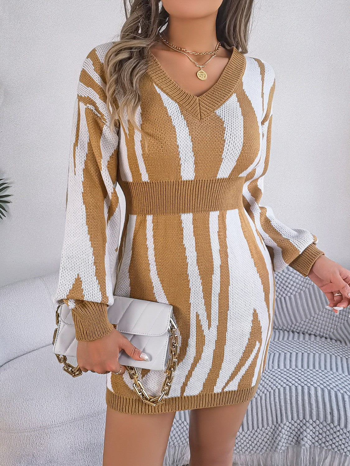 Animal Print V-Neck Long Sleeve Sweater Dress - The Boutie Shop