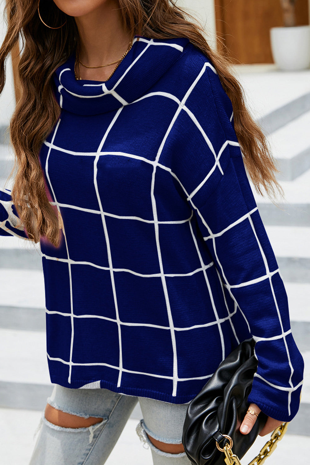 Angel Wings Plaid Turtleneck Drop Shoulder Sweater - The Boutie Shop