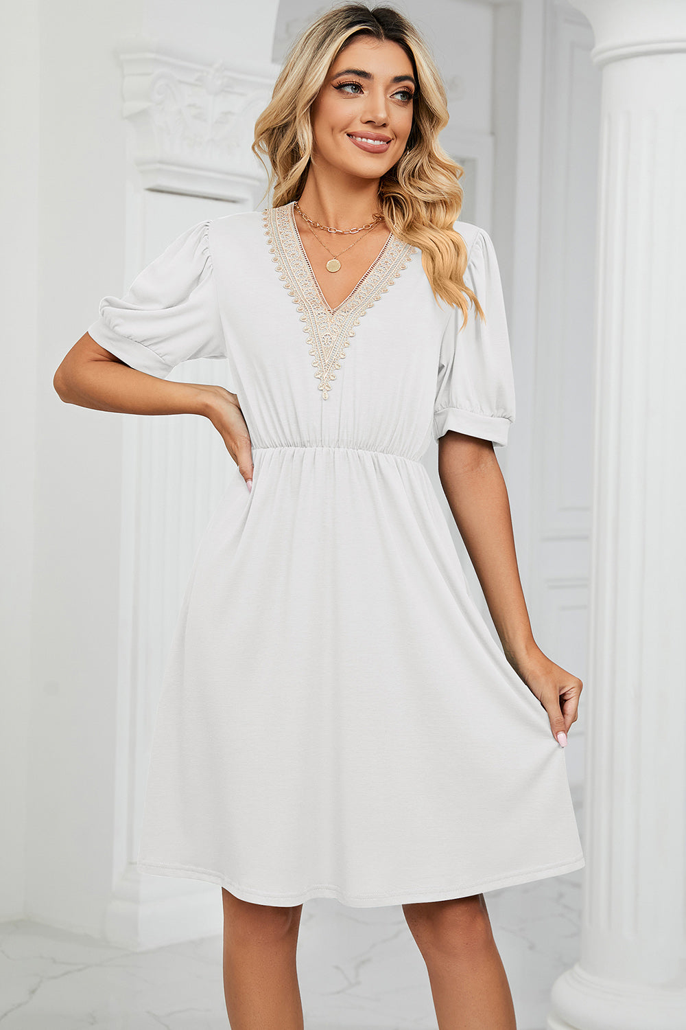 V-Neck Puff Sleeve Dress - The Boutie Shop