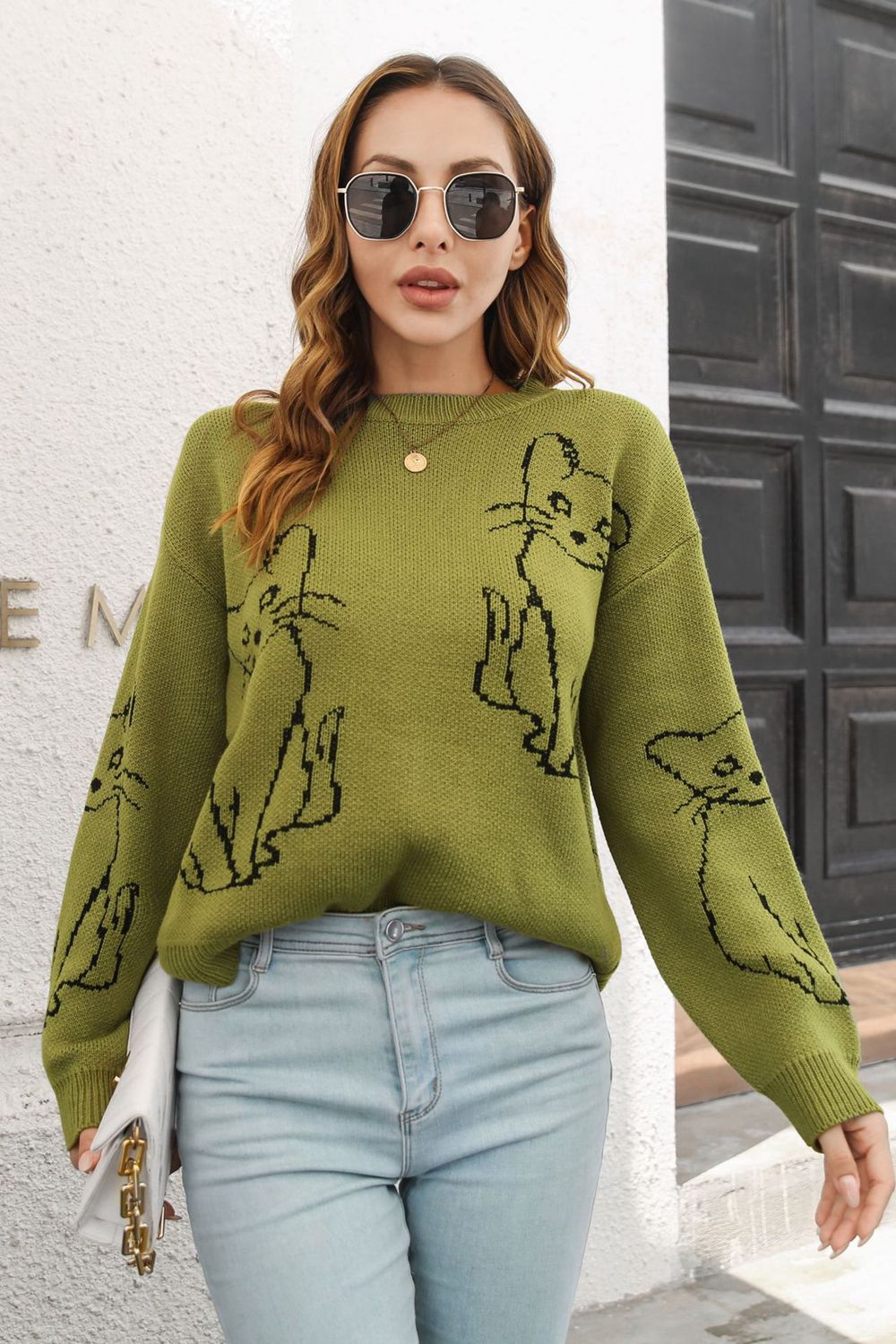 Cat Pattern Round Neck Long Sleeve Pullover Sweater - The Boutie Shop