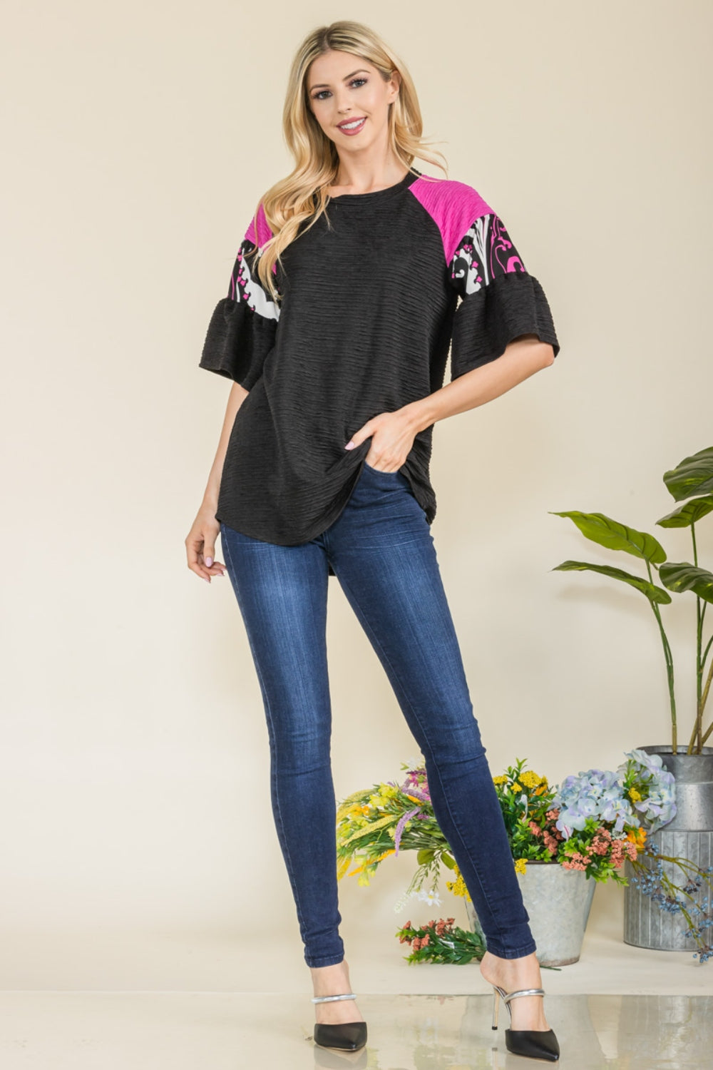 Celeste Full Size Texture Printed Color Block Top - The Boutie Shop