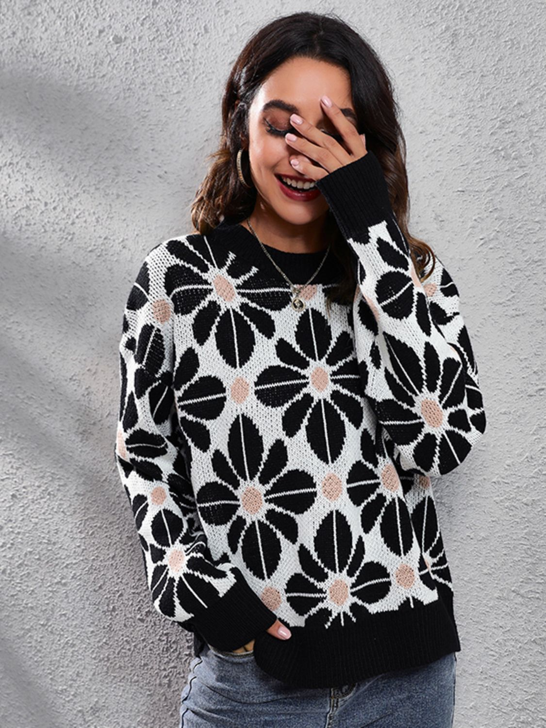 Floral Round Neck Long Sleeve Sweater - The Boutie Shop