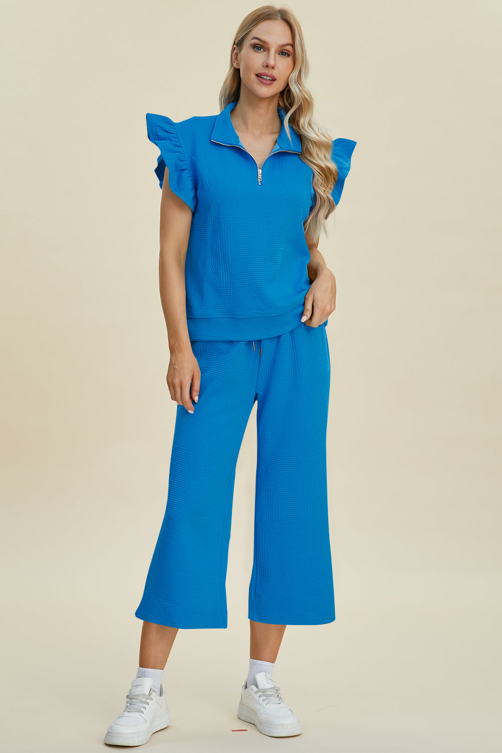 Double Take Full Size Texture Ruffle Short Sleeve Top and Wide Leg Pants Set - The Boutie Shop