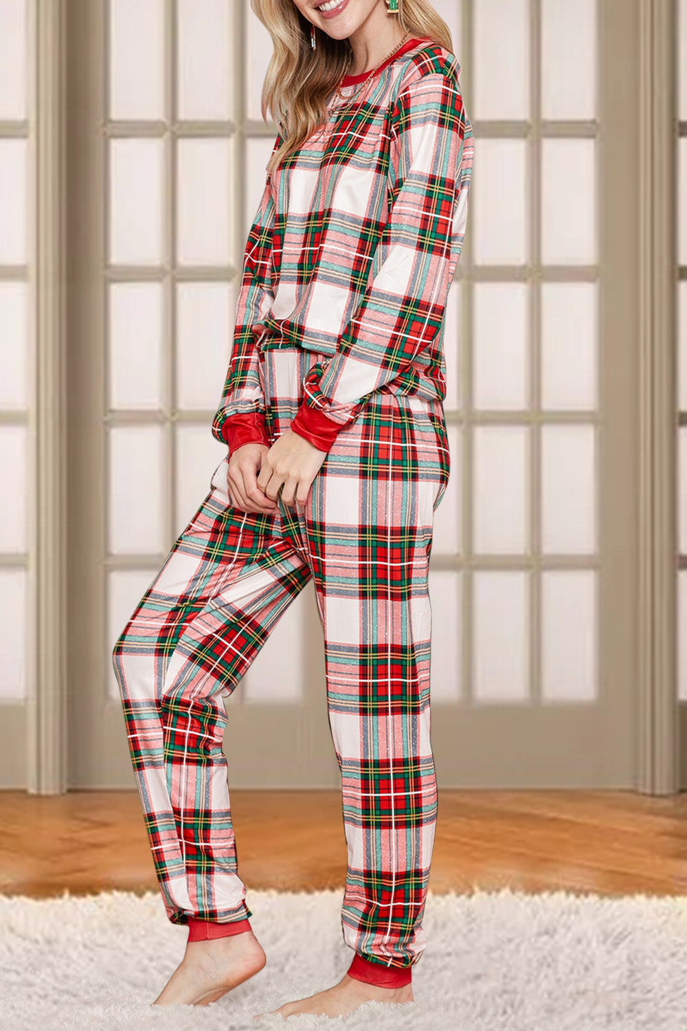 Plaid Round Neck Top and Pants Set - The Boutie Shop