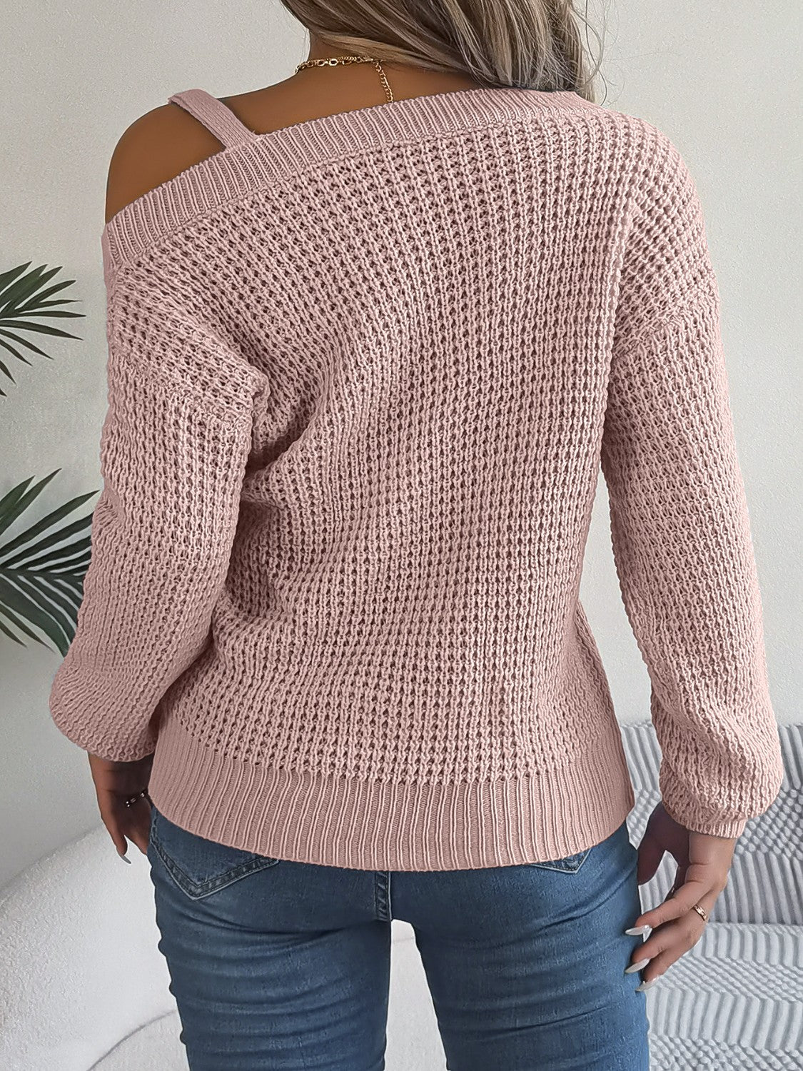 Asymmetrical Neck Long Sleeve Sweater - The Boutie Shop