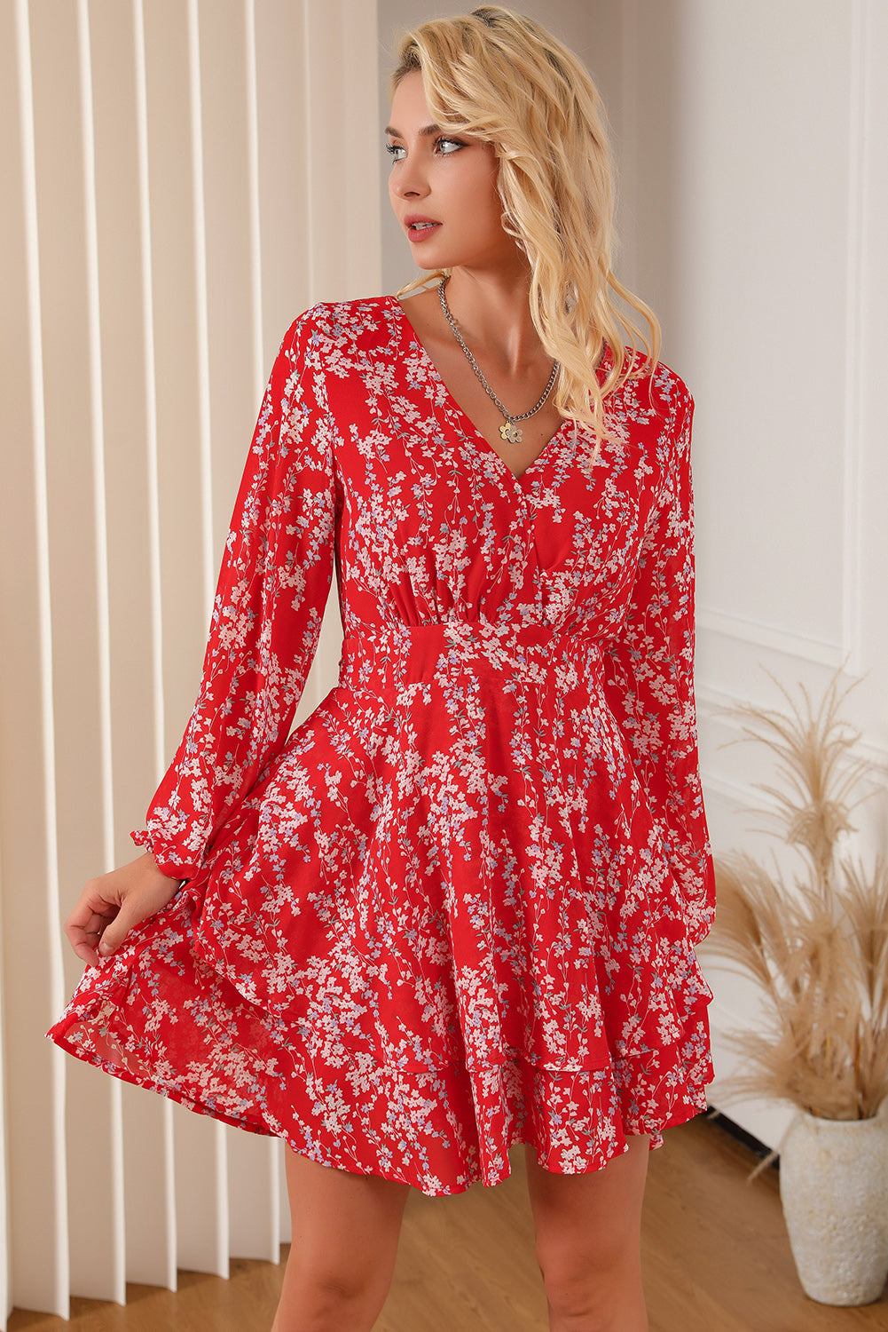 Printed Surplice Balloon Sleeve Layered Dress - The Boutie Shop