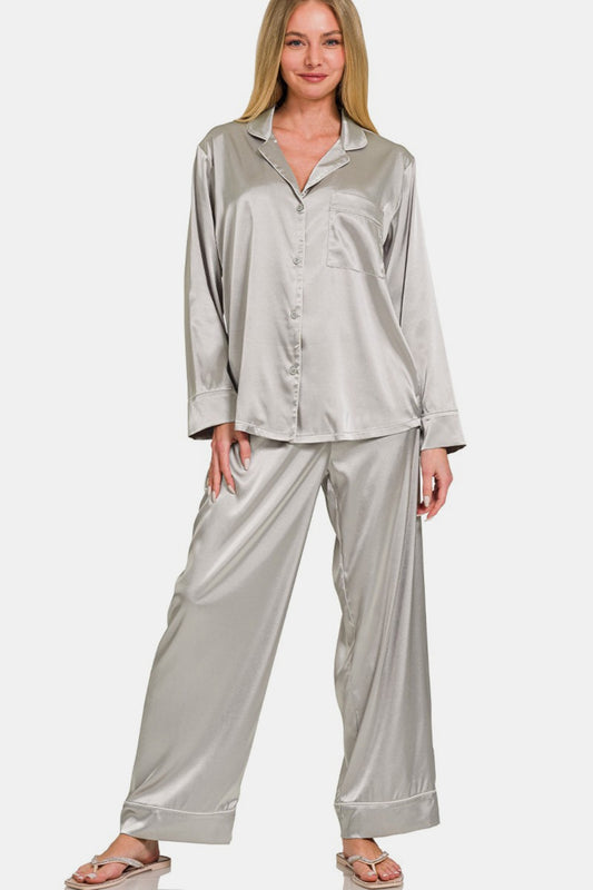 Zenana Satin Long Sleeve Shirt and Pants Pajama Set - The Boutie Shop