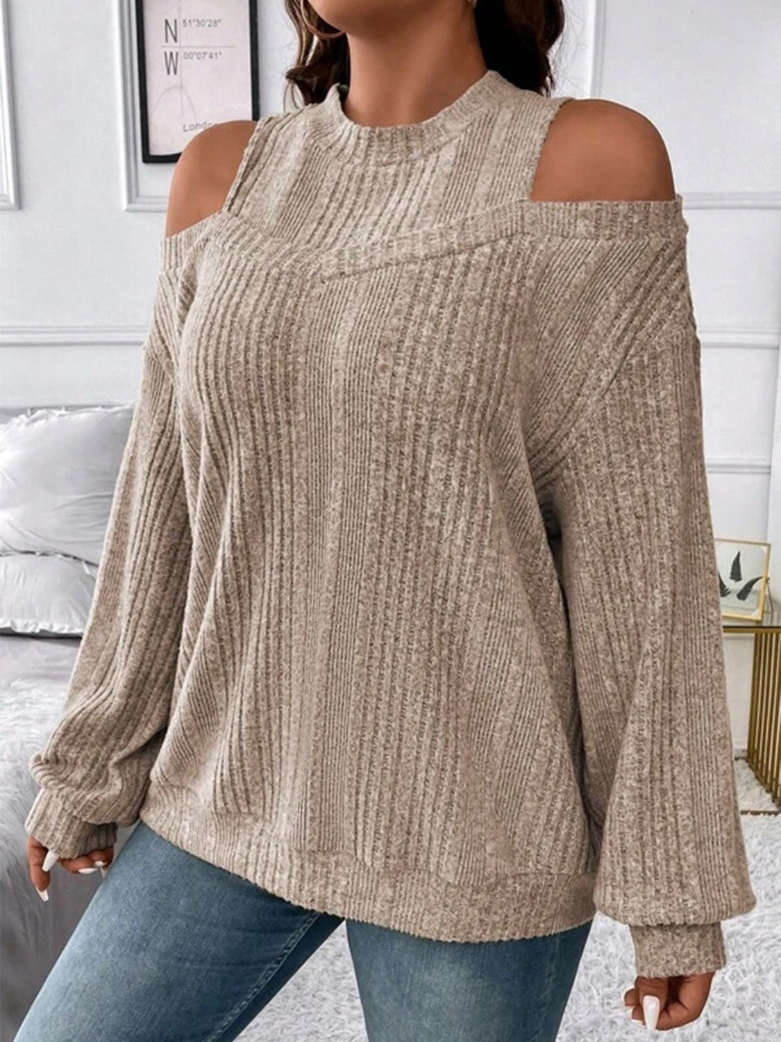 Round Neck Cold Shoulder Sweater - The Boutie Shop