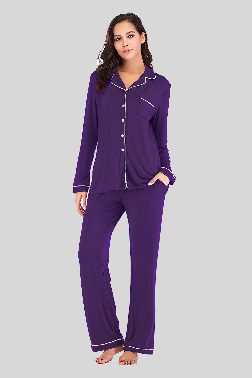 Collared Neck Long Sleeve Loungewear Set with Pockets - The Boutie Shop