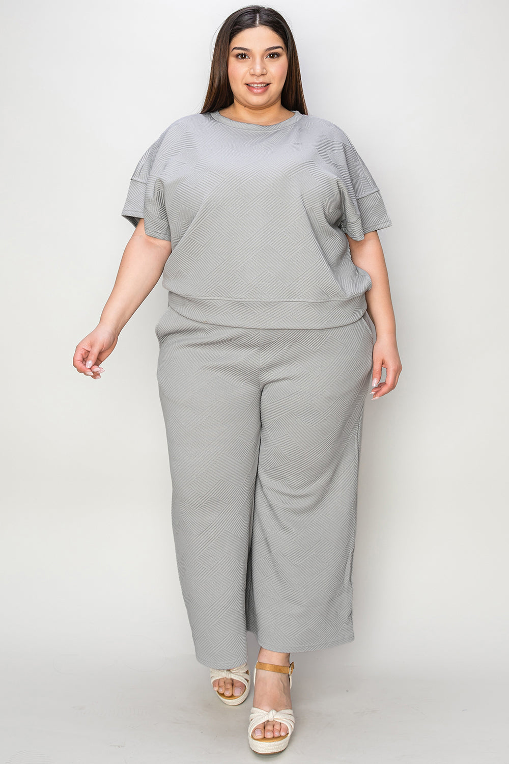 Double Take Full Size Texture Short Sleeve Top and Pants Set - The Boutie Shop