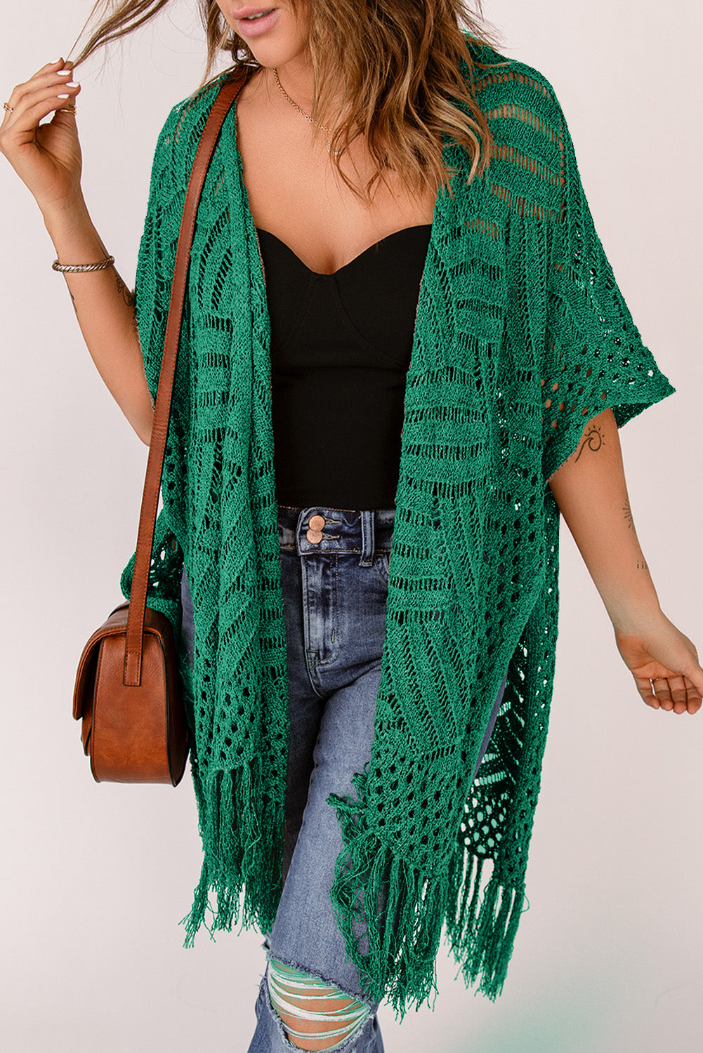 Openwork Open Front Cardigan with Fringes - The Boutie Shop