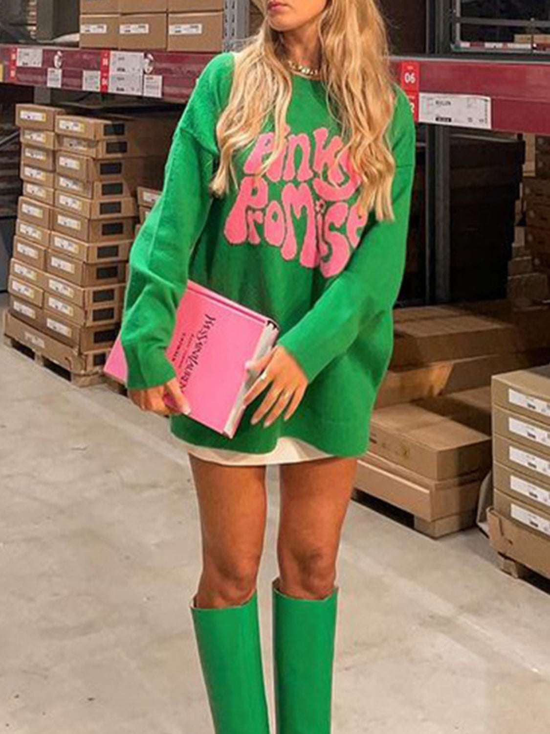 PINKY PROMISE Round Neck Drop Shoulder Sweater - The Boutie Shop