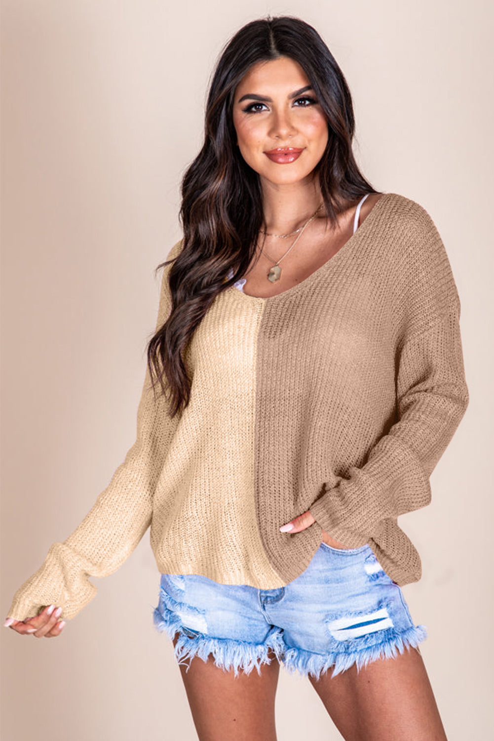 Contrast Color V-Neck Long Sleeve Pullover Sweater - The Boutie Shop