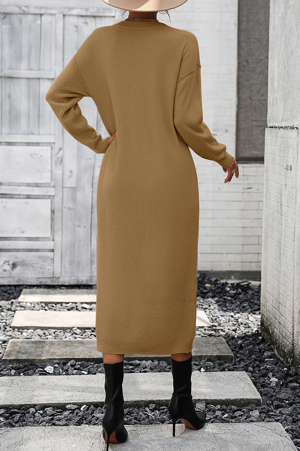 Decorative Button Notched Dropped Shoulder Sweater Dress - The Boutie Shop