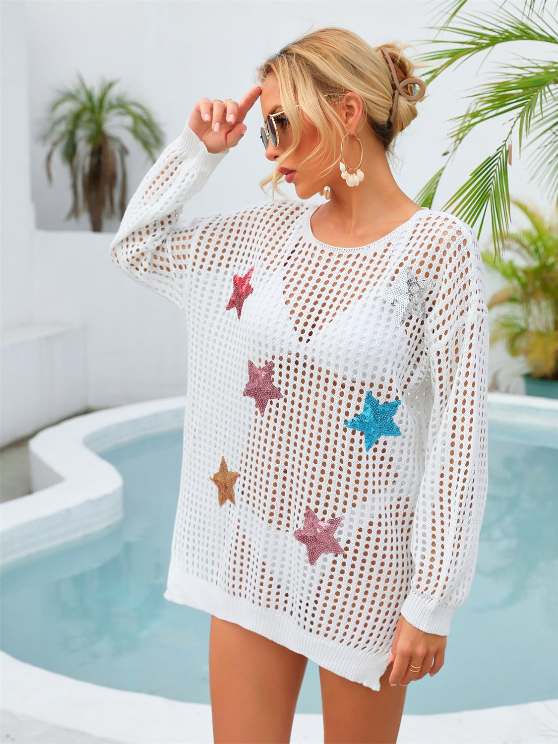 Angel Wings Sequin Star Round Neck Long Sleeve Cover Up - The Boutie Shop