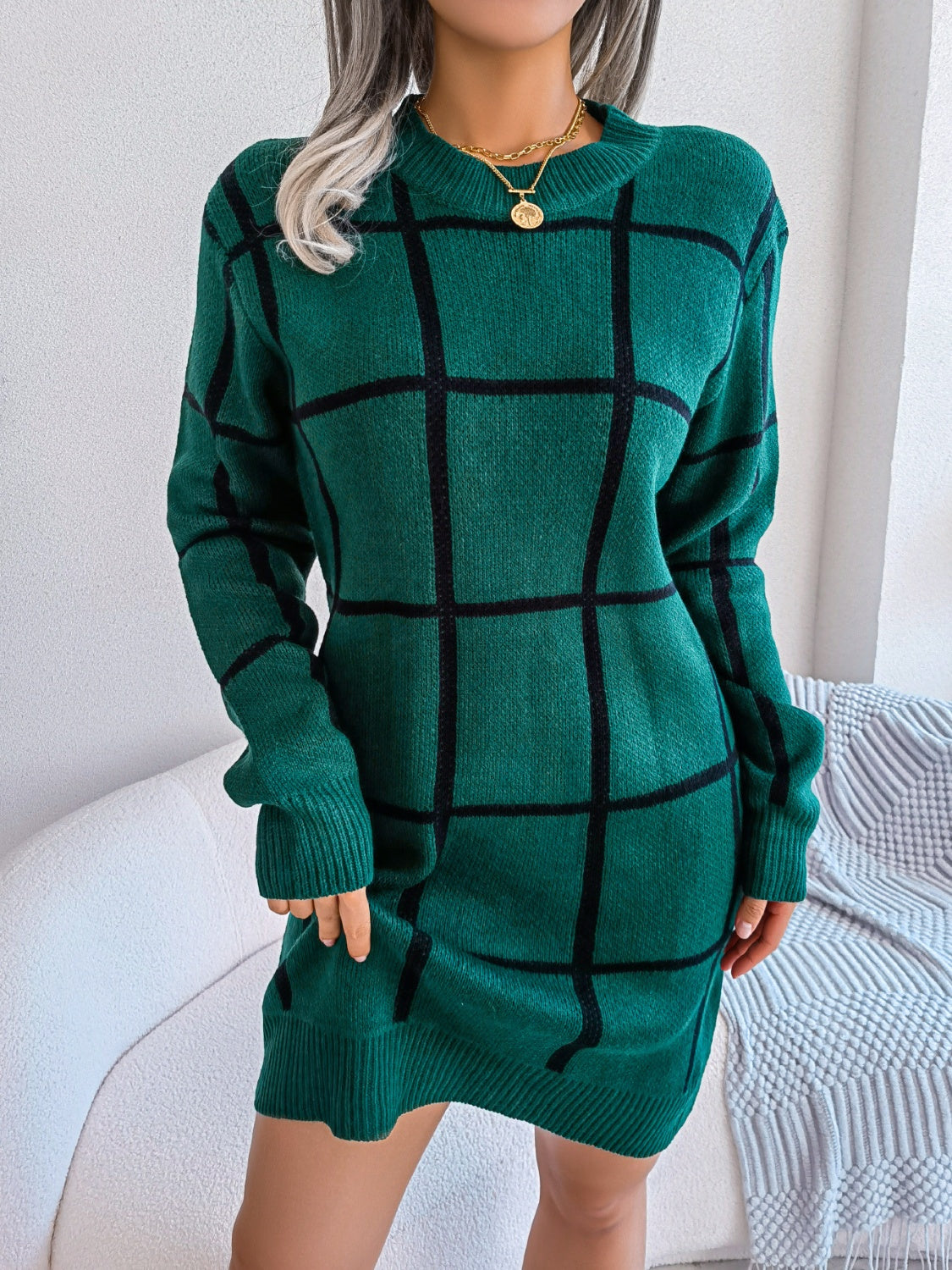 Plaid Round Neck Dropped Shoulder Sweater Dress - The Boutie Shop