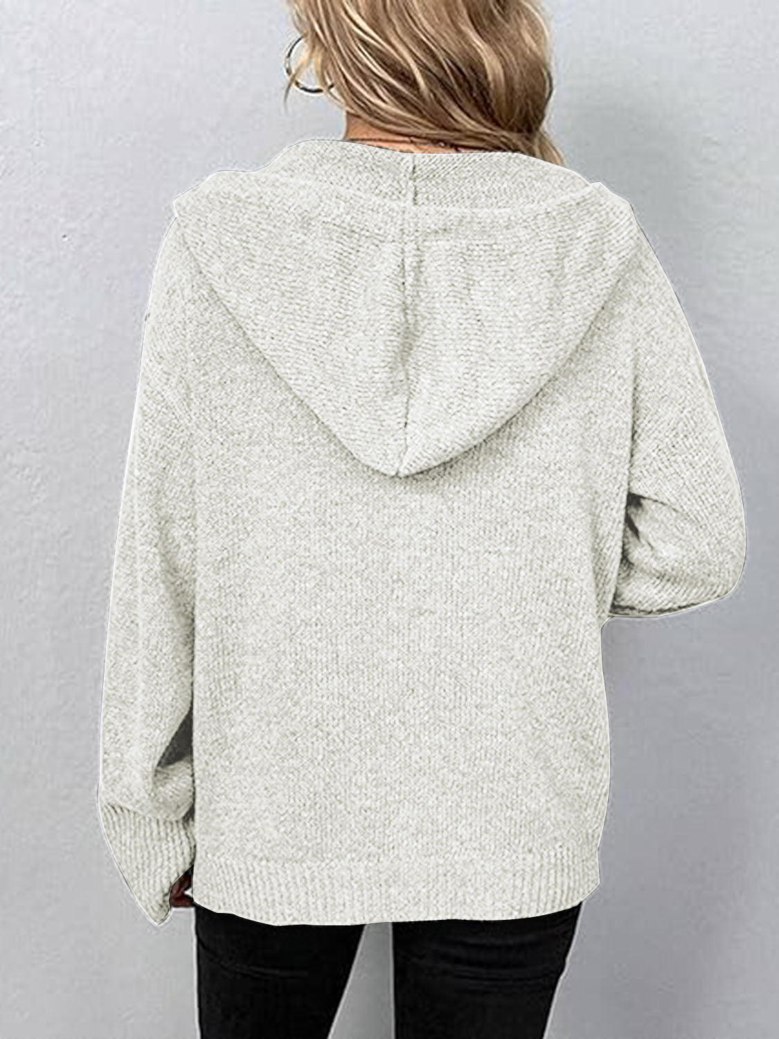 Button Up Drawstring Long Sleeve Hooded Cardigan - The Boutie Shop