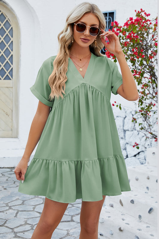 Ruched Tiered V-Neck Short Sleeve Mini Dress - The Boutie Shop