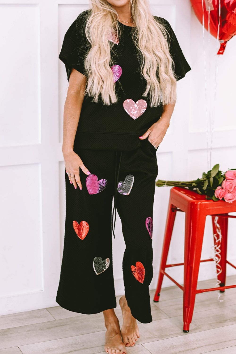 Heart Sequin Short Sleeve Top and Drawstring Pants Lounge Set - The Boutie Shop