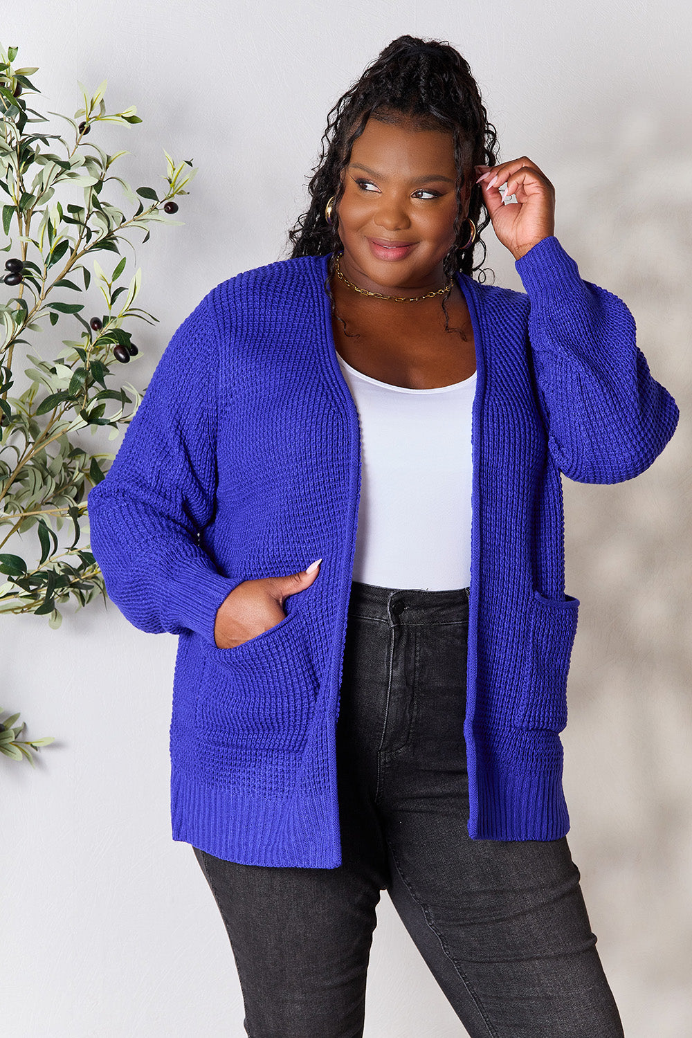 Zenana Full Size Waffle-Knit Open Front Cardigan - The Boutie Shop