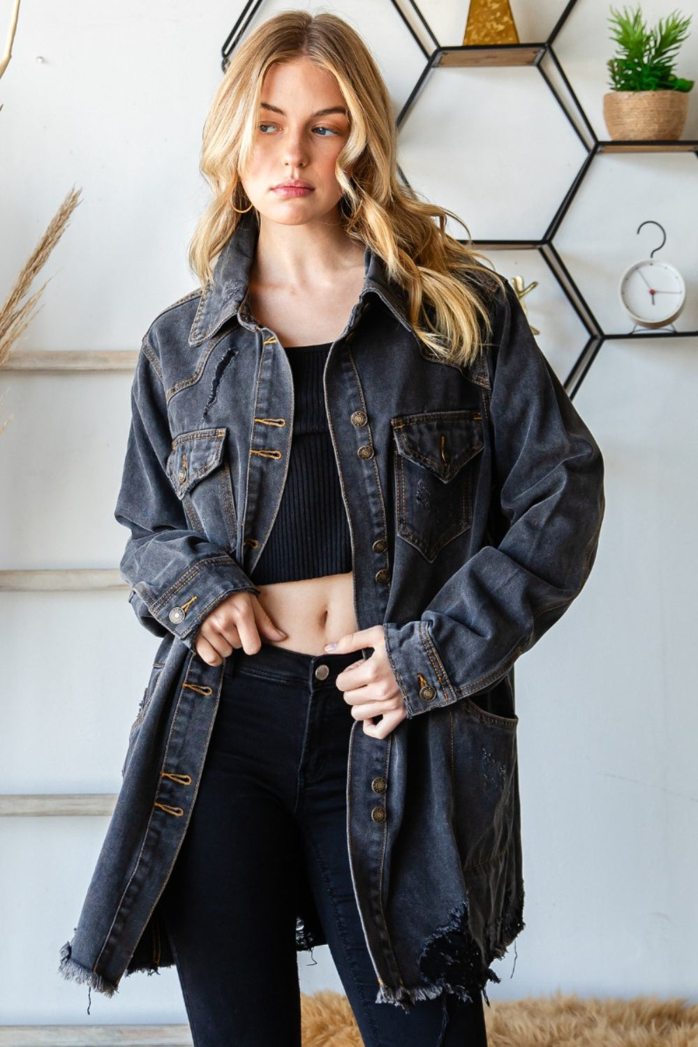 Veveret Button Up Distressed Frayed Hem Denim Jacket - The Boutie Shop