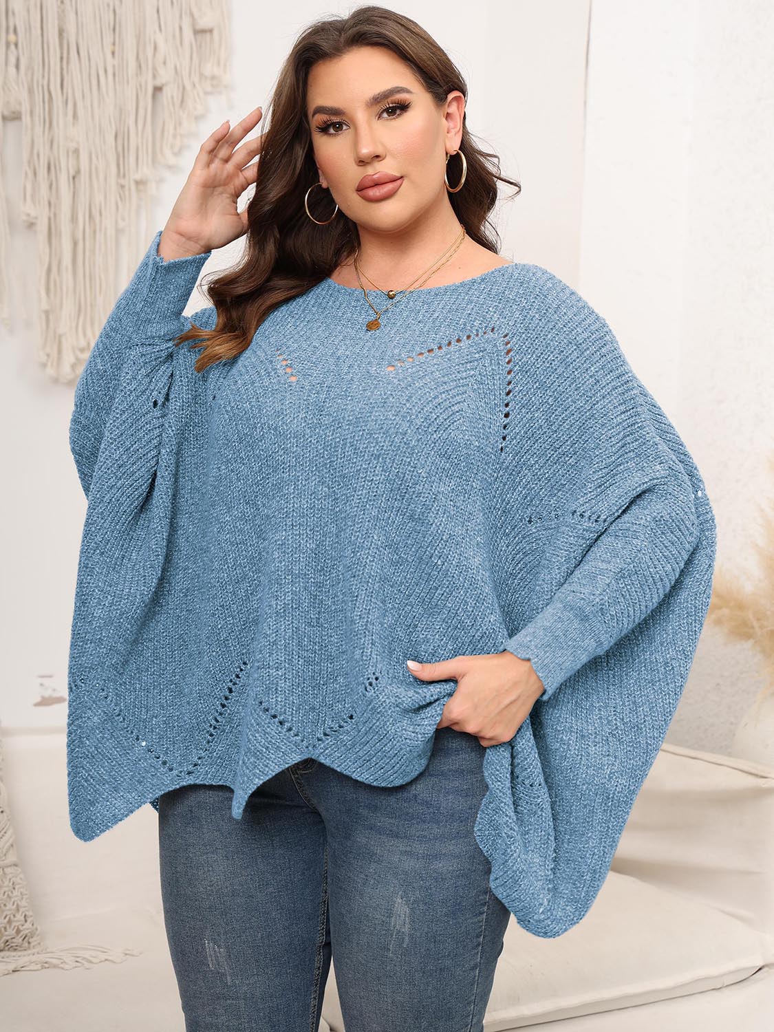 Plus Size Round Neck Batwing Sleeve Sweater - The Boutie Shop