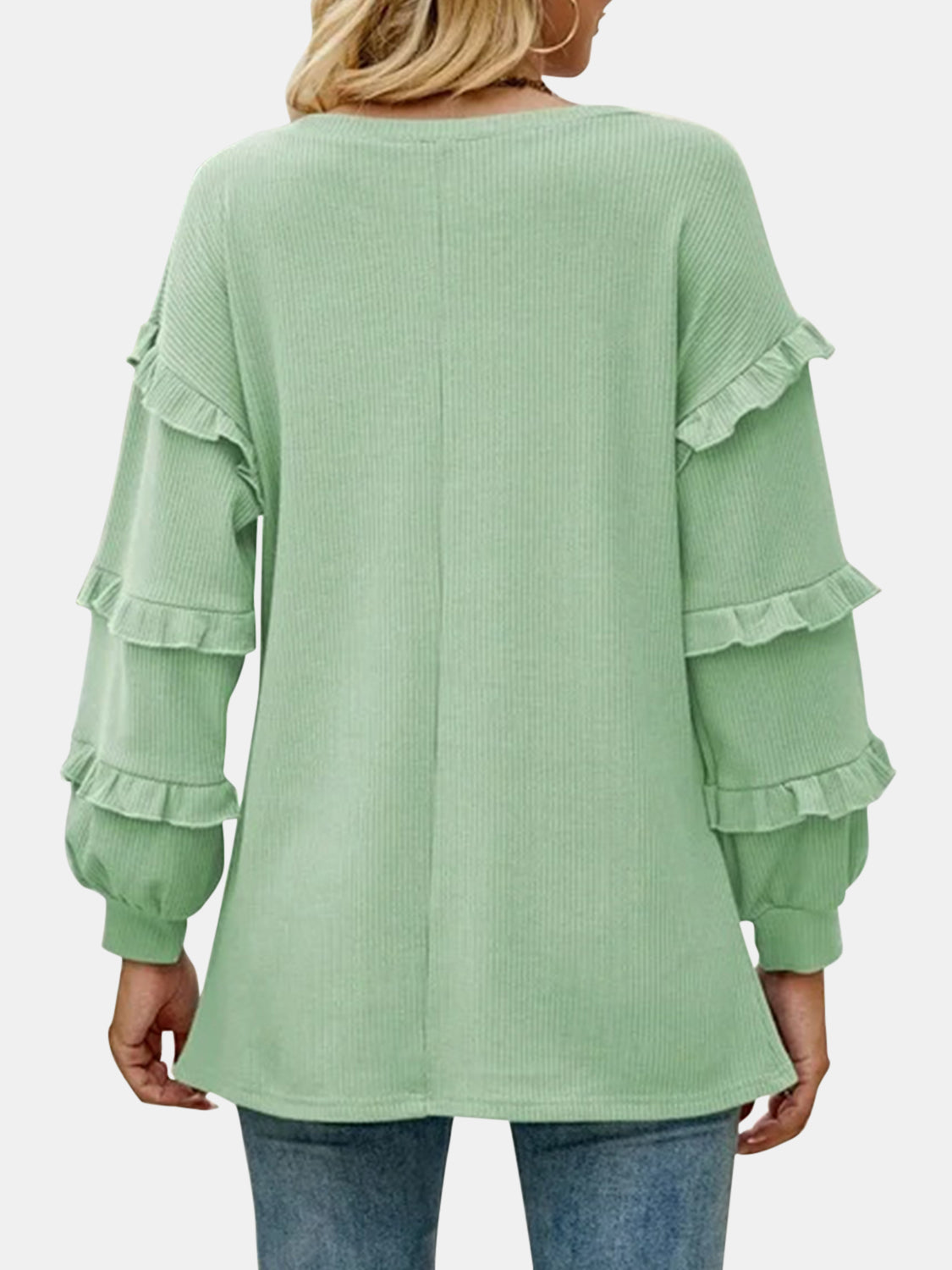 Ruffled V-Neck Long Sleeve T-Shirt - The Boutie Shop