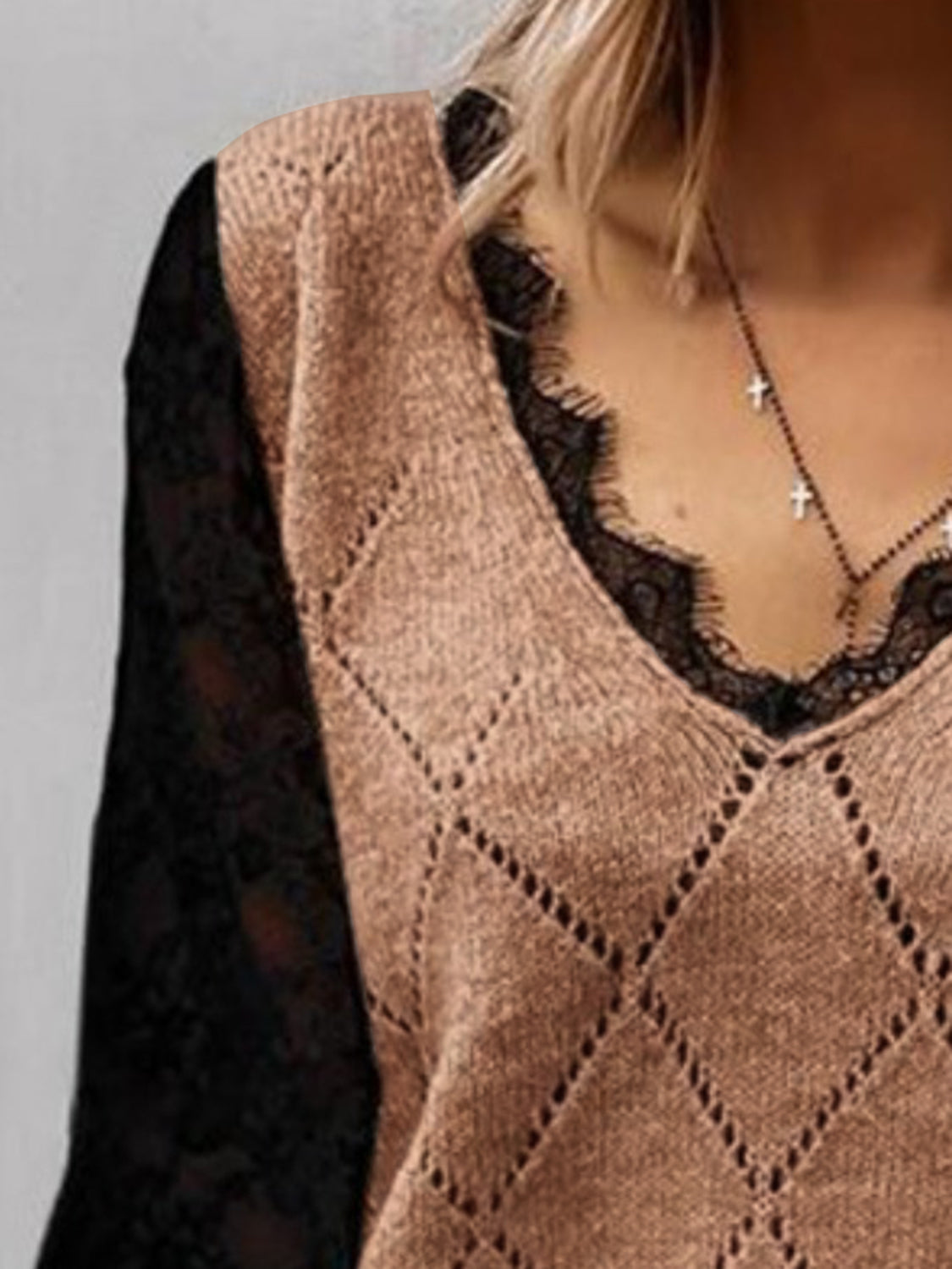 Lace Decor V Neck Two Tone Sweater - The Boutie Shop