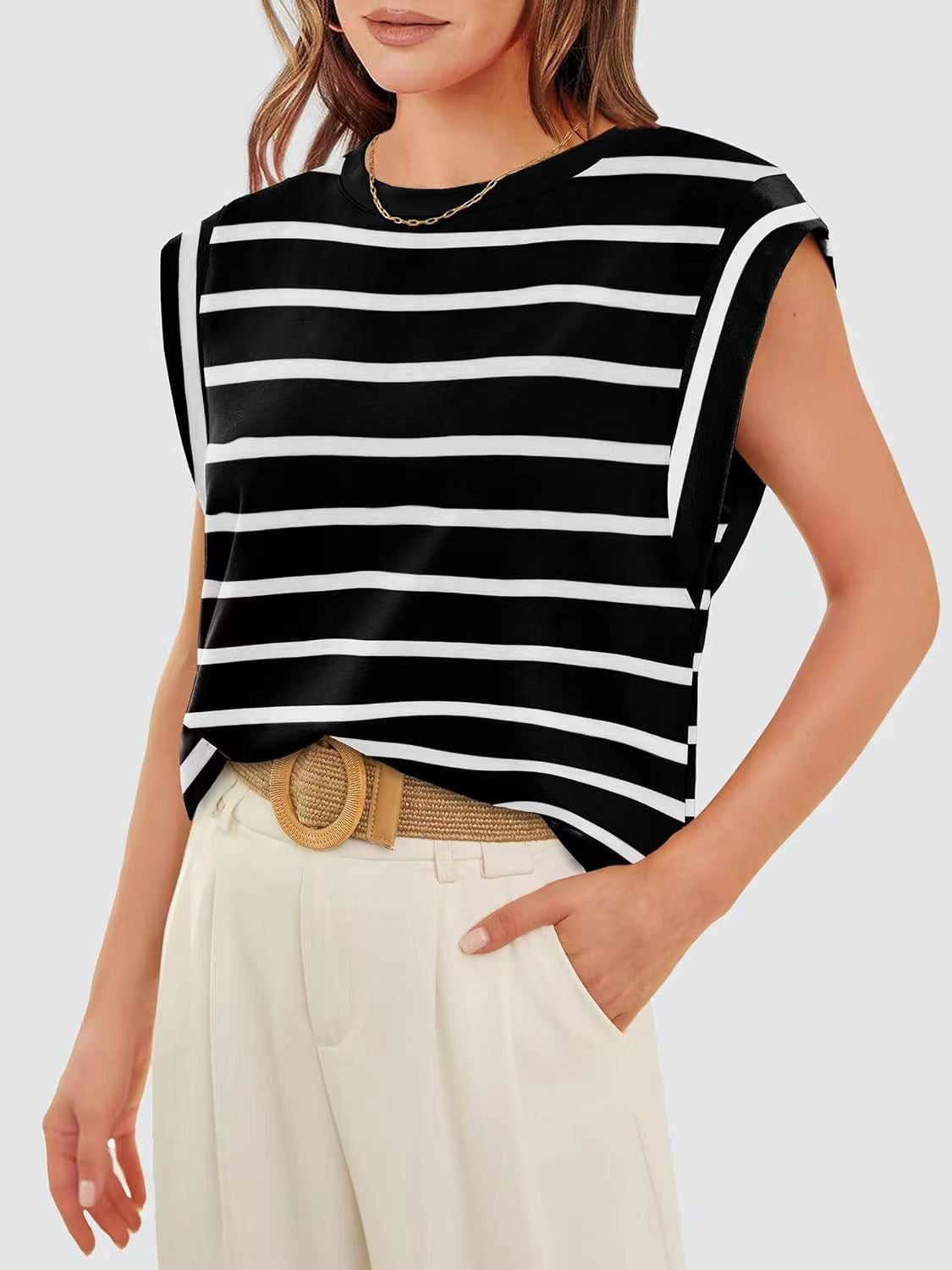 Striped Round Neck Cap Sleeve T-Shirt - The Boutie Shop