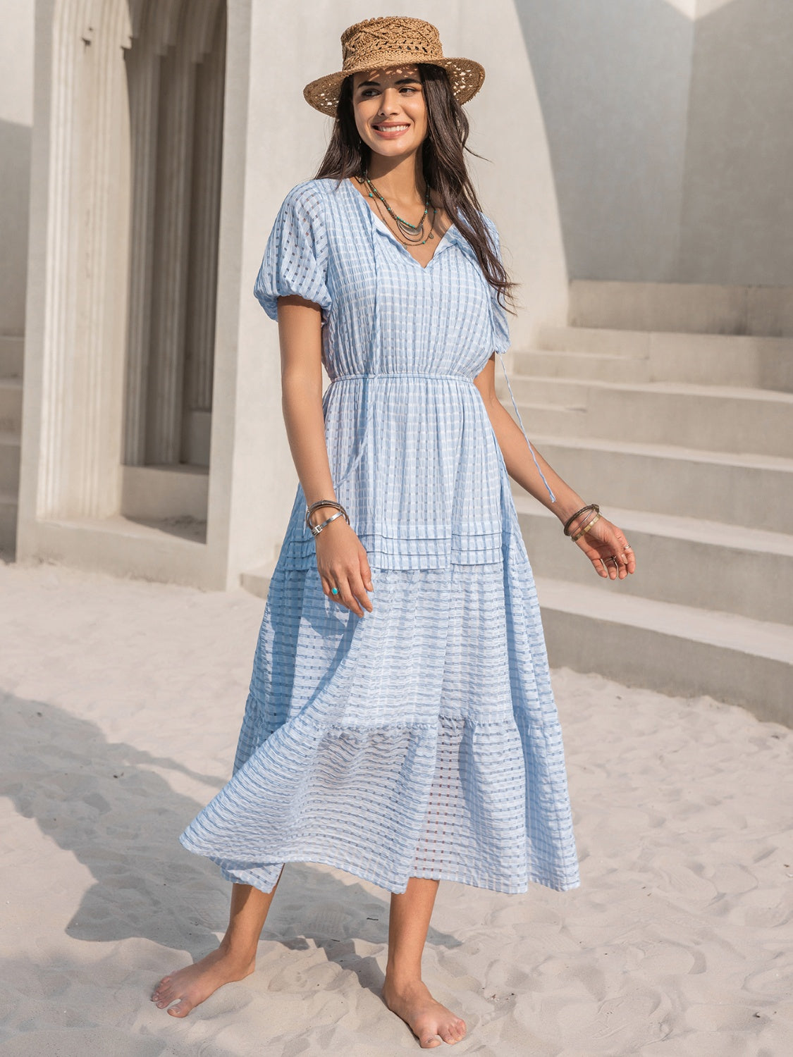 Tie Neck Balloon Sleeve Tiered Dress - The Boutie Shop