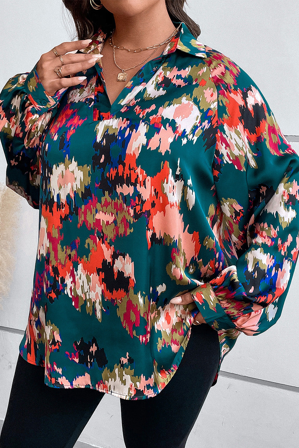 Plus Size Printed Johnny Collar Long Sleeve Blouse - The Boutie Shop