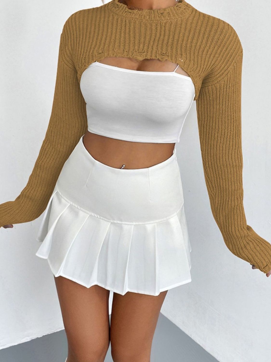 Distressed Long Sleeve Cropped Sweater - The Boutie Shop